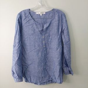 Max Studio blouse medium blue linen cotton half button long roll tab sleeves